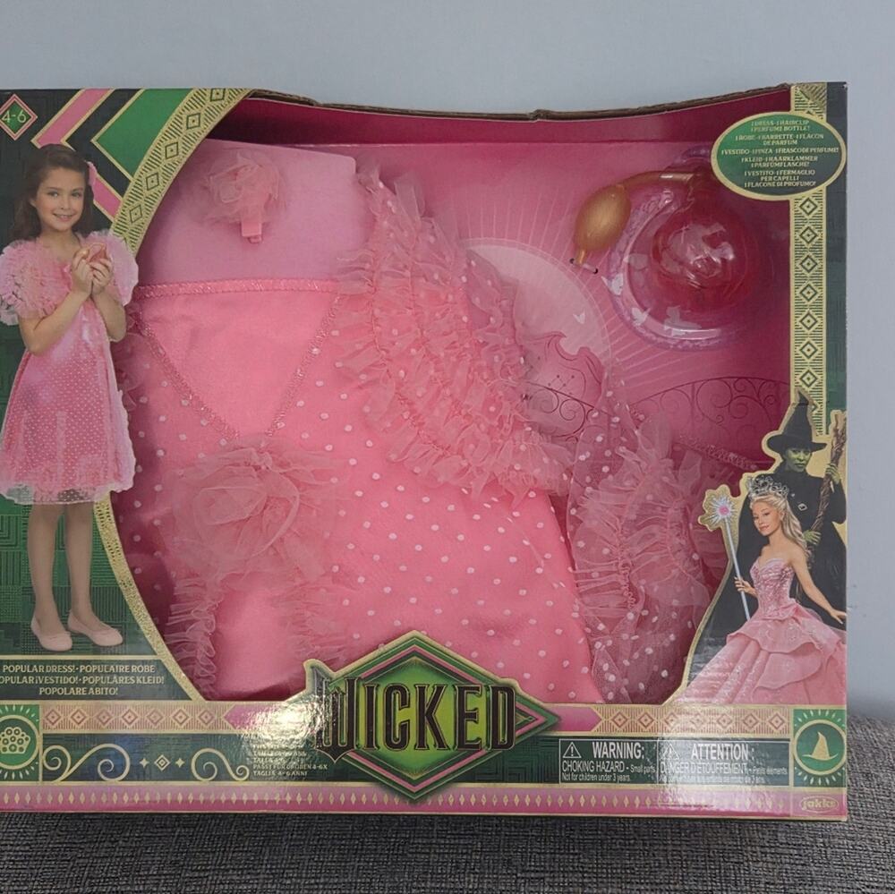 Wicked Glinda Popular Deluxe Costume Girls 4–6X NIB Dress Hairclip Perfume